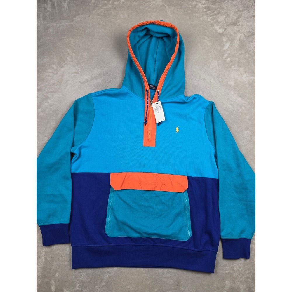 Polo Ralph Lauren Hoodie Men XL Blue Colorblock Quarter Zip Sweatshirt Pocket